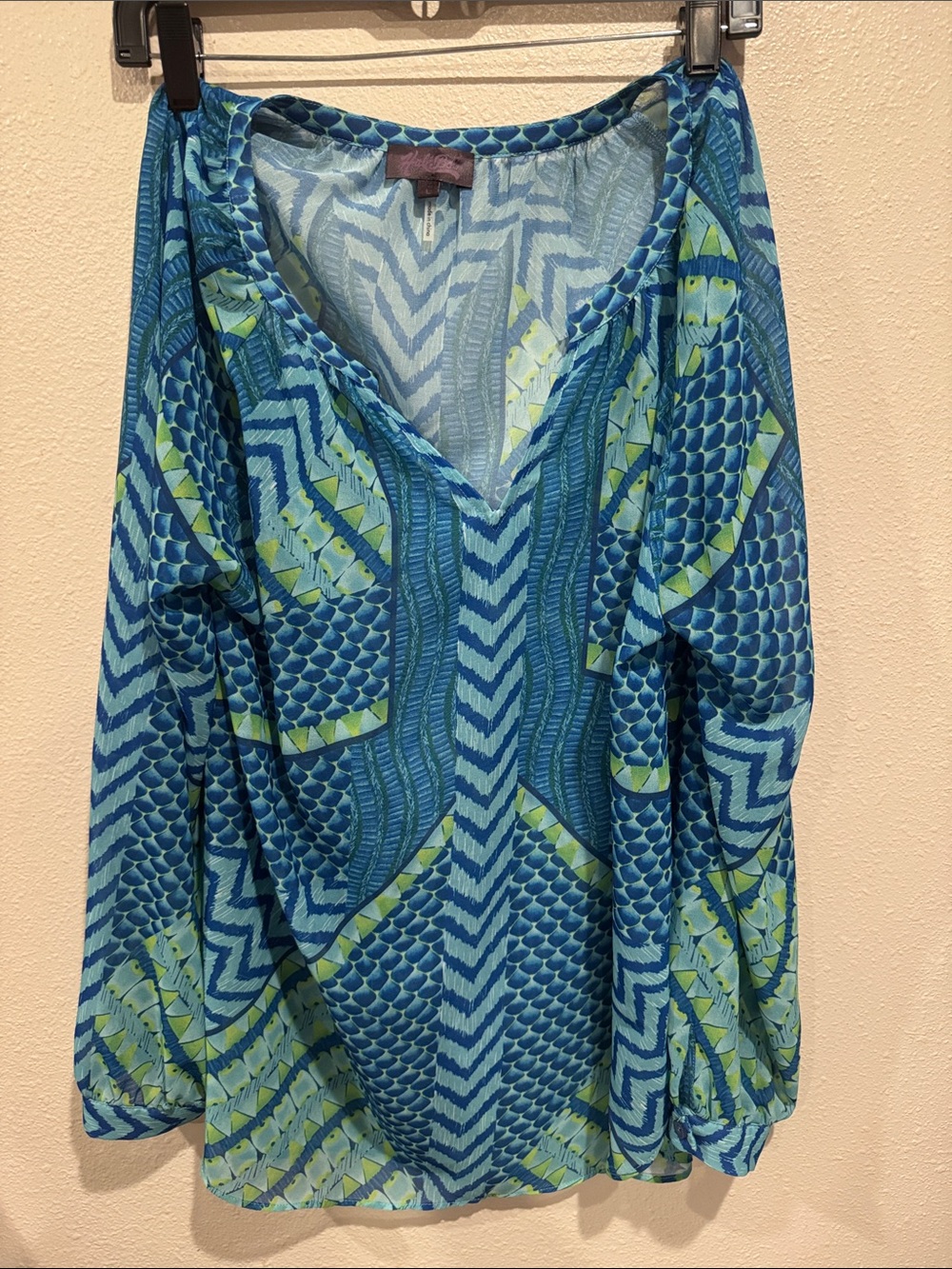 Hale Bob Blue and Lime V-Neck Patterned Tunic
